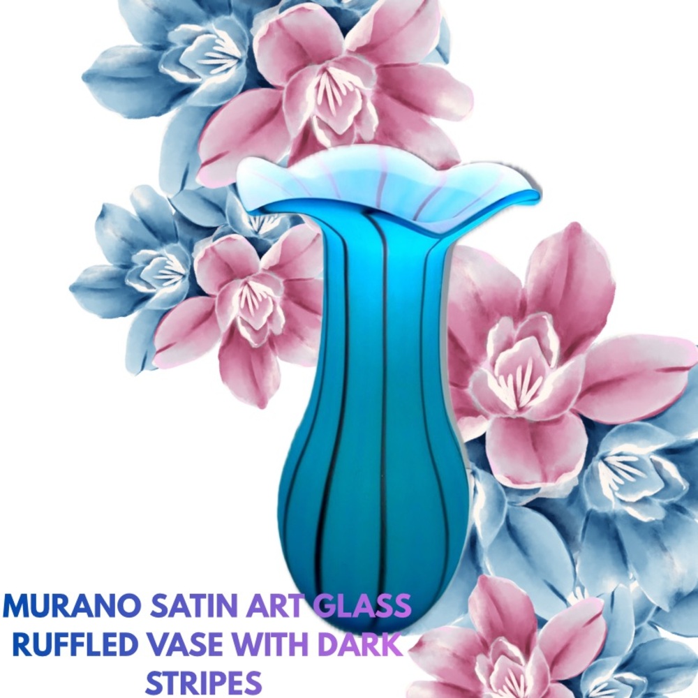 Murano Satin Ocean Blue Cased Art Glass Vase With Riffled Top & Dark Swirls